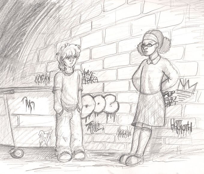 A picture of Jay and CJ. Jay is standing with his hands in his pockets. CJ is a 13-year-old black girl wearing round glasses and a pompom hairstyle that's tied back with a headband. She is also wearing suede shoes, white knee-socks, a plaid skirt and a collared shirt top. She is leaning against a brick wall, her hands behind her back.. Across the wall, graffiti is written. Some words can be made out in the graffiti: Hot Moth, Dog, Apace Alpaca. A dumpster is also visible, and is likewise covered with graffiti. The number 27 has been painted in graffiti near the bottom of the dumpster.