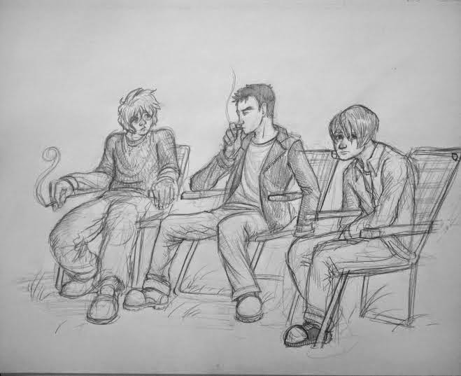 A picture of Jay, Mickey and Rick. They're seated in folding chairs. Mickey is in the center chair, with Rick to his right and Jay to his left. Jay and Mickey are smoking. Jay has a strange face, messy hair and ill-fitting jeans and a shirt. 