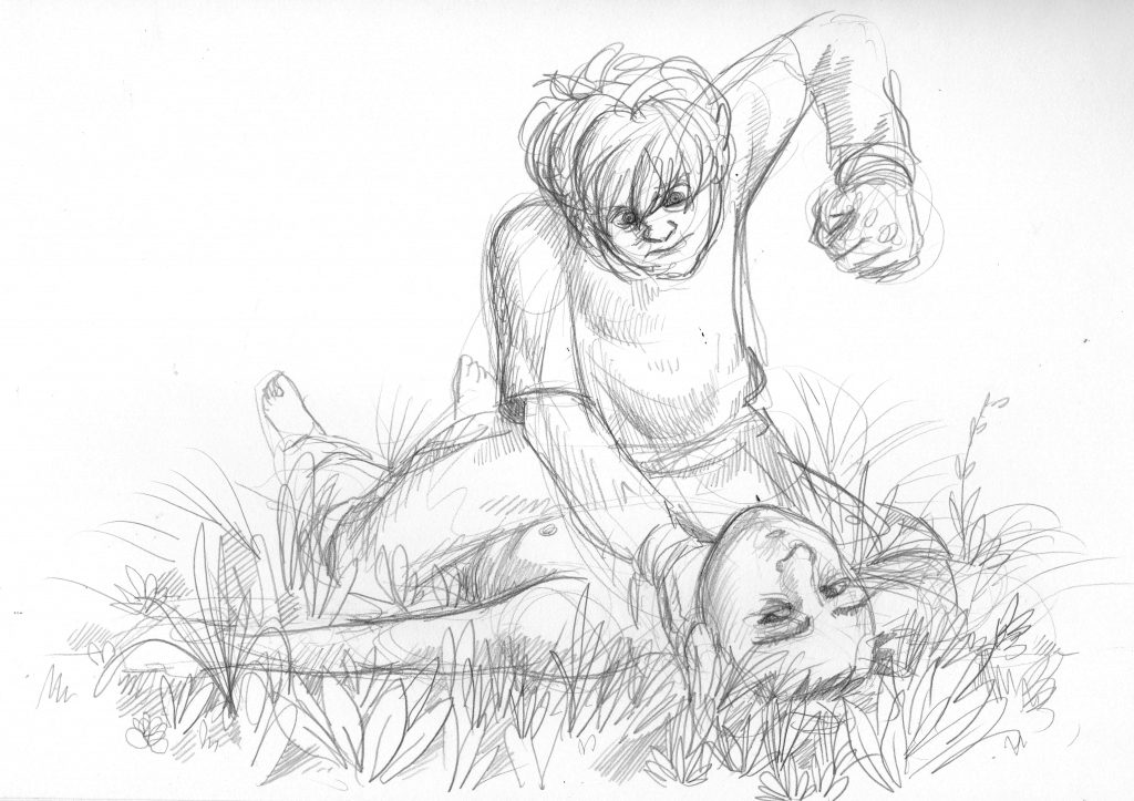 This is a picture of Jay Redwing sitting on top of a prone, naked Mickey Laddow's stomach. Jay looks enraged, reaching back with his left hand as if to swing a punch, his right hand wrapped around Mickey's throat. Mickey does not appear to be defending himself in any way, looking off to one side as he lies there on his back on the grass. NOTE: the wounds described in this chapter as being on Mickey's chest -- the ones that look like a 2 and a 7 -- are not visible from the angle of this image.