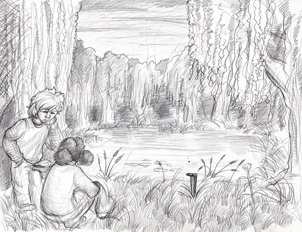 A picture of Jay and CJ at Risky's pond. Jay's left hand is raised to his cheek. His right hand is in the left pocket of his jeans. He is leaning down a little to look in CJ's left hand as she reaches out, palm up, to offer Jay a Cowboy Cake. Cat tails and weedy grass cover the ground where Jay and CJ are sitting. To CJ's right, a railroad spike sticks out of the ground. Across the pond are a large number of willow trees spread out over the opposite shoreline. 