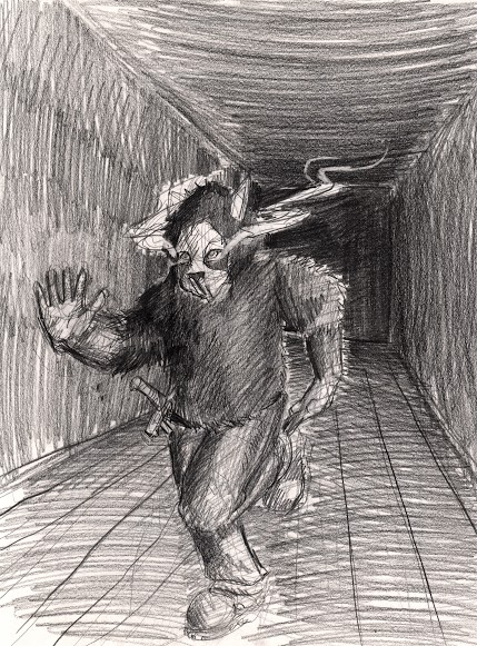 A picture of Emmett running forward from out of a long hallway, his right hand outstretched. Emmett is dressed in his raccoon costume, but here the costume looks more detailed and well-crafted. The mask is made of wood. Smoke pours out of the mask from the eyeholes. The dagger is larger, resembling a sword. The floor, ceiling and walls of the hallway stretch out far behind the approaching Emmett. At the other end of the hallway, it's too dark to see the hallway's end.