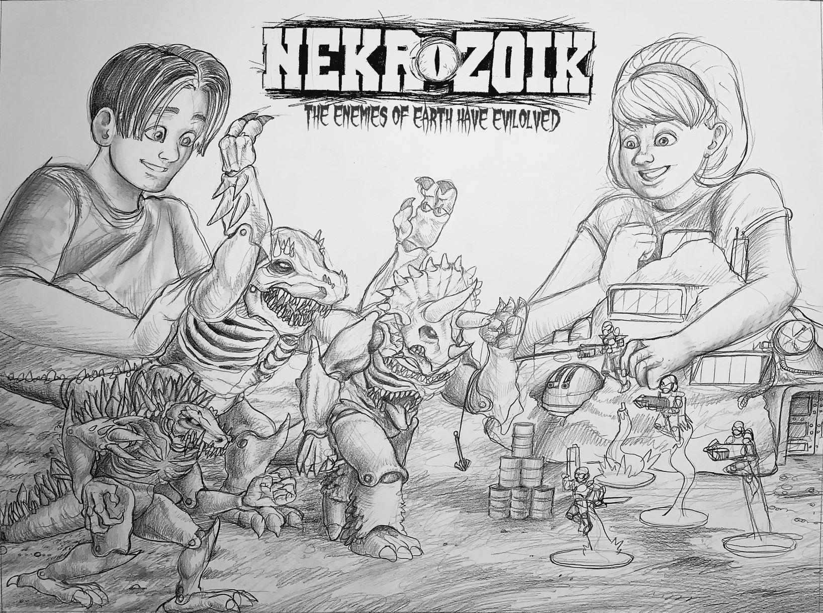This is a catalog advertisement for the NEKROZOIK toy line.  A boy on the left is manipulating the Nekrozoik Dinosaurs.  A girl con the right controls Terra Command, the human fighters.  The giant dinosaurs loom menacingly over the human fighters, while the humans in their battle armor are set on plastic bases that look like rocket blasts to simulate flight.  Beneath the girl can be seen the Terra Command Base.  The human fighters shoot threads with plastic "hooks" as if to try to trap the dinosaurs.  The dinosaurs look mutated and humanoid, standing erect, much larger than the human action figures.  The dinosaurs have gripping claws, spikes and zombie-like rib-cages.  The image looks to be trying to convey the image of the children engaged in play.  The white boy and girl look excitedly down at their play area, as if they're standing behind a table that has been modified to resemble a battlefield.