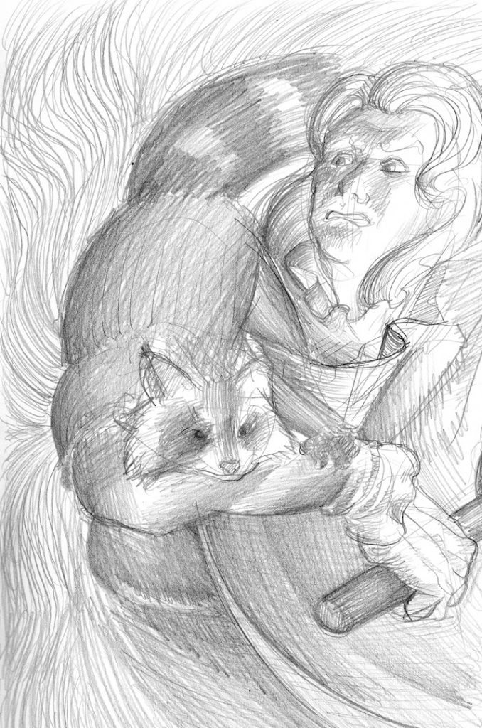 This is an image of Hilda Leek facing the viewer.  She is looking down at her left arm where the raccoon-form of Emmett Beery is grabbing onto her arm.  Her left hand holds a flashlight.  Hilda's face is darkened by shadows and she is looking angrily at Emmett.  The background of the image is made up of dark, wavy lines, as if the background is distorted.