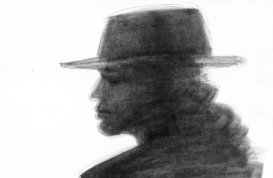 This is a shoulder-up silhouette of Evelyn Diedz facing to the left, backlit in profile.  She is backlit in such a way that one can just barely make out the shape of her lips and eye-sockets.  She wears her usual wide-brimmed hat and we can just make out the collar of her trenchcoat.  Her long, curly hair cascades down the back of her neck and out of sight down her back.  